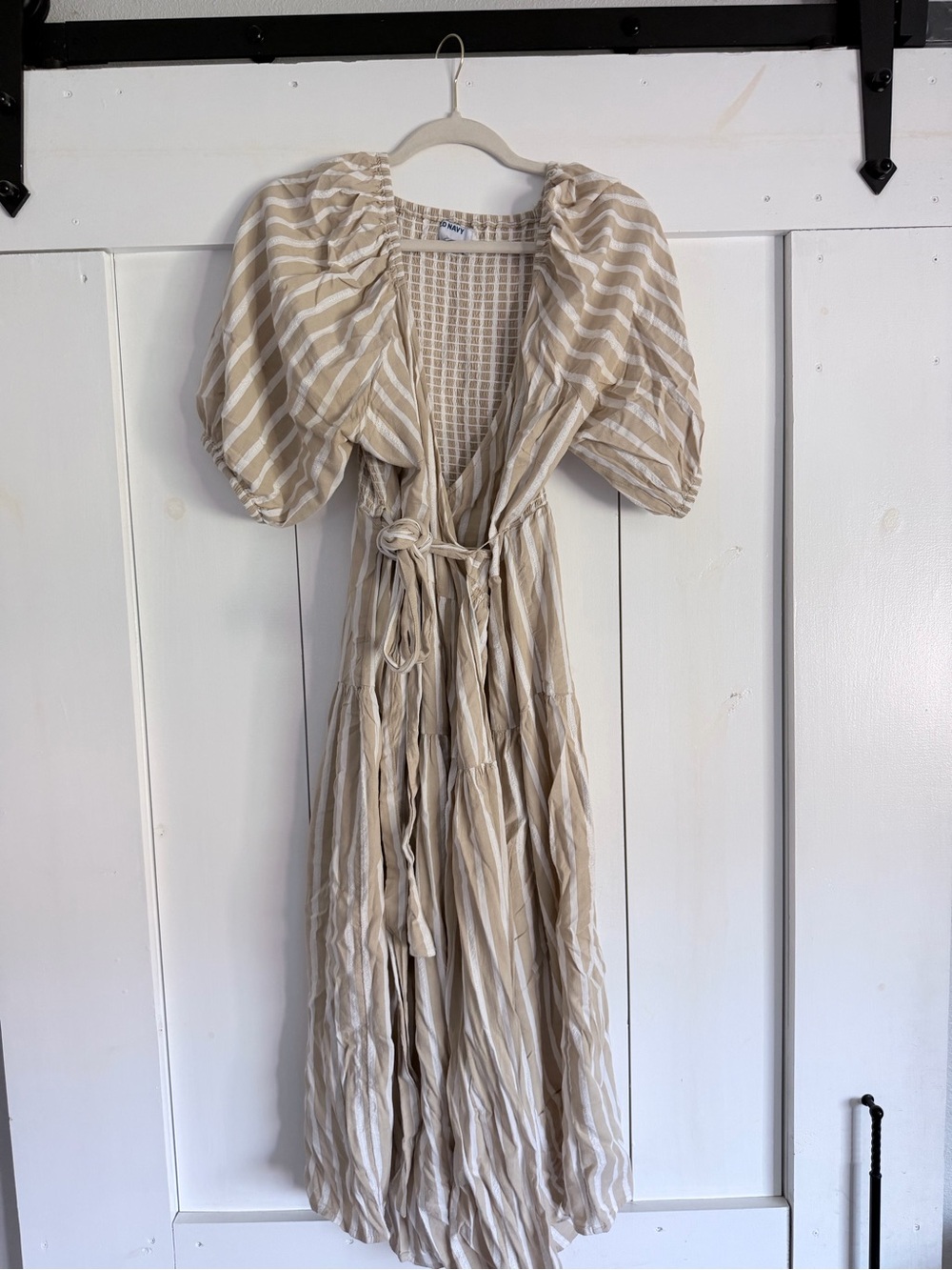 Old Navy Beige and White Striped Puff-Sleeve Maxi Dress